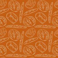 Seamless bakery pattern on brown background with white line art drawing of bread, baguette, round loaf and sliced bread. Ideal for culinary project, packaging, menu or kitchen decor. vector