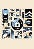 Abstract, minimalist illustration featuring icons of technology and smart home elements. Soft colors like blue, beige, and black, ideal for digital and innovation concepts. vector