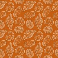 Seamless pattern featuring various bakery food croissant, pretzel, eclair and cinnamon roll in a linear style on an brown background. Perfect for culinary themed fabric, packaging or wallpaper. vector