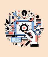 Creative illustration featuring a hand drawing on a tablet, surrounded by design icons and graphic elements in pastel colors. Perfect for graphic design and digital art themes vector
