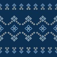 Pixel art fabric pattern motif cross stitch with blue color background. vector