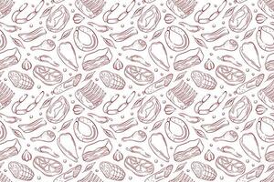 Seamless meat pattern in line art style with various meats on a white background. Include steak, sausage, ribs and vegetable. Ideal for culinary project, packaging or restaurant branding. vector