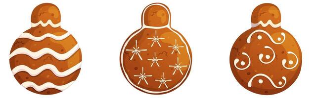 Happy holidays pastry set. Gingerbread Christmas ball with cream ornaments collection isolated on white background. vector