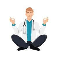 Young medical doctor meditating in lotus pose. vector