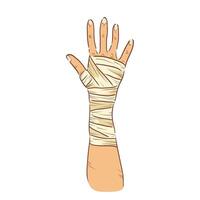 Bandaged wrist in flat design. Injured hand palm with bandage compression. illustration isolated. vector