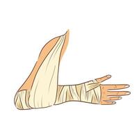 Bandaged hand with support in flat design. Broken arm with bandage gypsum. illustration isolated. vector