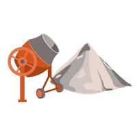 Concrete mixer and cement heap in flat design. Building materials and tools. illustration isolated. vector