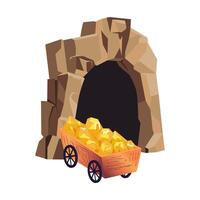 Mining cave with golds cart in flat design. Digging underground crystals. illustration isolated. vector