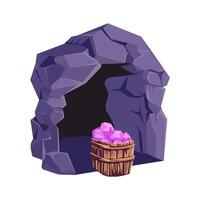Mining cave with crystals in wooden box in flat design. Digging fantasy gems. illustration isolated. vector