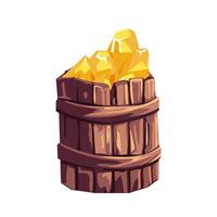 Golds in wooden box in flat design. Mining fantasy gemstones in bucket. illustration isolated. vector