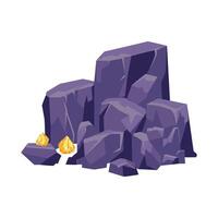 Gold crystals in rocks in flat design. Mining fantasy gems in quarry. illustration isolated. vector