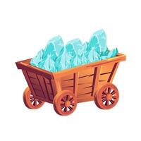 Mining cart with blue crystals in flat design. Wooden wheelbarrow with gems. illustration isolated. vector