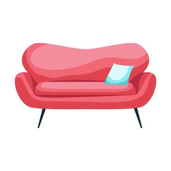 Red rounded sofa with pillow in flat design. Empty luxury stylish divan. illustration isolated. vector