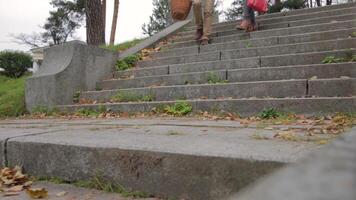 The shows people navigating stairs, emphasizing movement video