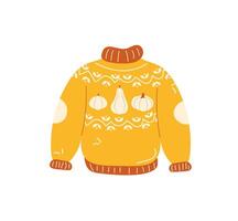 Cozy autumn sweater with pumpkins isolated on white background. Hand drawn flat cartoon style vector