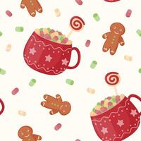 Seamless pattern. Festive cute mugs with cocoa, marshmallows and caramel. Gingerbread. vector