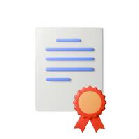 3D illustration of a document icon with blue lines symbolizing text, paired with a red badge ribbon. Represents certification, achievement, approval, or official documentation vector