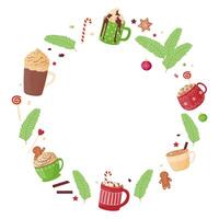 Festive frame of cute mugs with hot cocoa, coffee, chocolate, whipped cream, marshmallows and sweets. vector