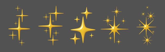 Set Glossy yellow stars illustration in 3D style, featuring shiny, abstract sparkles. Perfect for luxury designs, festive decorations, holiday themes, and creative projects with an elegant vector
