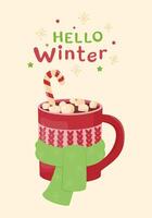 Greeting card with cocoa with marshmallows and candy cane in a red cup tied with a warm scarf. vector