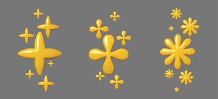 Set Yellows shiny flowers on grey background. 3D rendering, bright abstract floral shapes, minimalist design. Illustration for graphic design, templates, and decor vector
