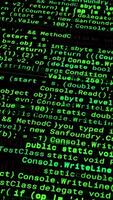 Program code of matrix on black background. Animation. Green text from set of codes providing matrix database. Large green matrix-style text on black background video