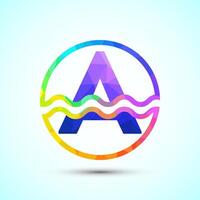 English alphabet A in a circle with water waves. Water wave logo design low poly style vector