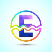 English alphabet E in a circle with water waves. Water wave logo design low poly style vector