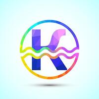 English alphabet K in a circle with water waves. Water wave logo design low poly style vector