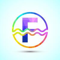 English alphabet F in a circle with water waves. Water wave logo design low poly style vector