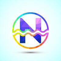 English alphabet N in a circle with water waves. Water wave logo design low poly style vector