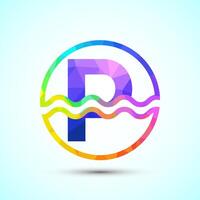 English alphabet P in a circle with water waves. Water wave logo design low poly style vector
