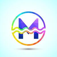 English alphabet M in a circle with water waves. Water wave logo design low poly style vector