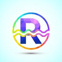 English alphabet R in a circle with water waves. Water wave logo design low poly style vector