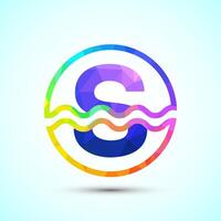 English alphabet S in a circle with water waves. Water wave logo design low poly style vector