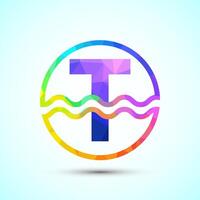 English alphabet T in a circle with water waves. Water wave logo design low poly style vector