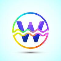 English alphabet W in a circle with water waves. Water wave logo design low poly style vector