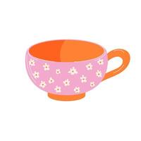 Charming and beautiful floral pink and orange tea cup with daisies in flat style. Spring design isolated on a white background. vector