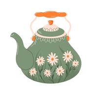 Charming green teapot with floral design in flat style. Perfect for kitchen decor and tea related design, print, card and cafe. Chamomile, daisy. vector