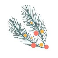 Christmas pine twig with balls in flat design. Evergreen fir branch with decor. illustration isolated. vector