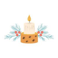 Christmas candle in flat design. Holiday light with pine twigs and red berries. illustration isolated. vector