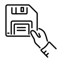 A line style icon of a hand holding a floppy disk vector