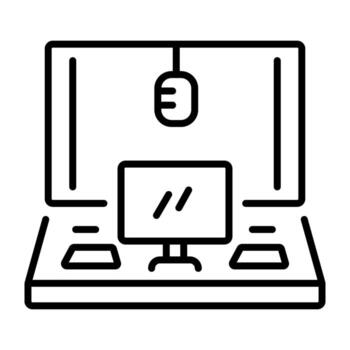 A line icon of a recording studio setup with a microphone, computer, and soundboard vector