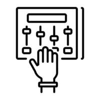 An outline icon of a hand adjusting a crossfader on a soundboard, vector