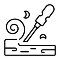 An outline icon of wood carving using chisel with wood shavings flying off vector