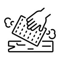 Linear icon of a hand sanding a wooden surface with sandpaper vector