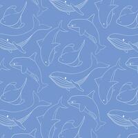 Seamless pattern with undersea animal whale, shark, orcas and stingray on a blue background in line art style. Ideal for ocean themed project, fabric, wallpaper and stationery. vector