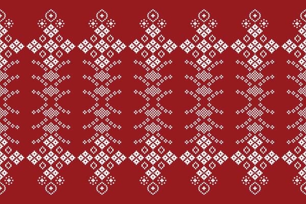 Motif pattern cross stitch fabric with red color background design pixel art.