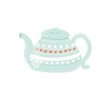 Cute hand drawn teapot isolated on white background. Flat cartoon style. Beautiful rustic kettle with hearts vector