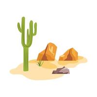 Cactus and rocks at desert in flat design. Wilderness plant and grass in sand. illustration isolated. vector